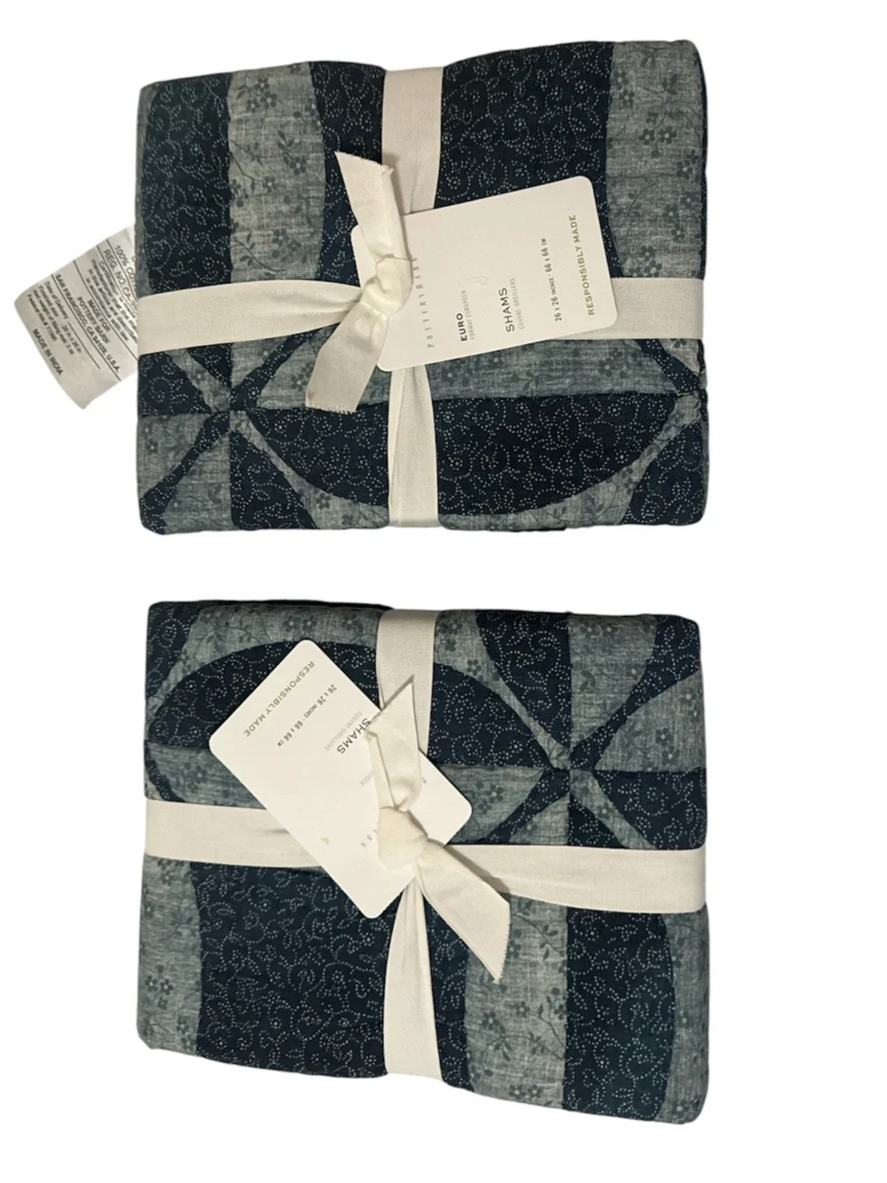Pottery Barn Harper Blue Quilted Decorative Euro Pillow Shams Set of Two